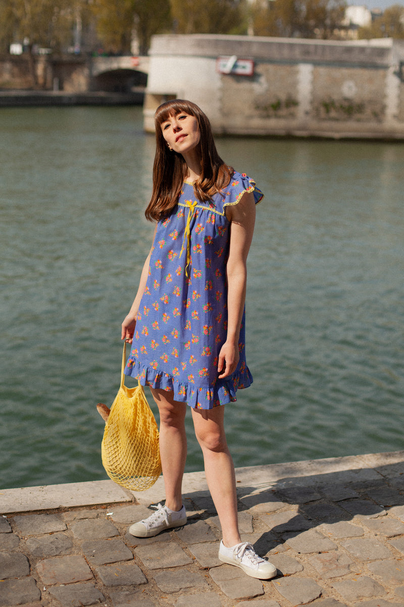 Anita is Vintage 60s Blue Floral & Polka Dot Print Ruffle Mini Dress
