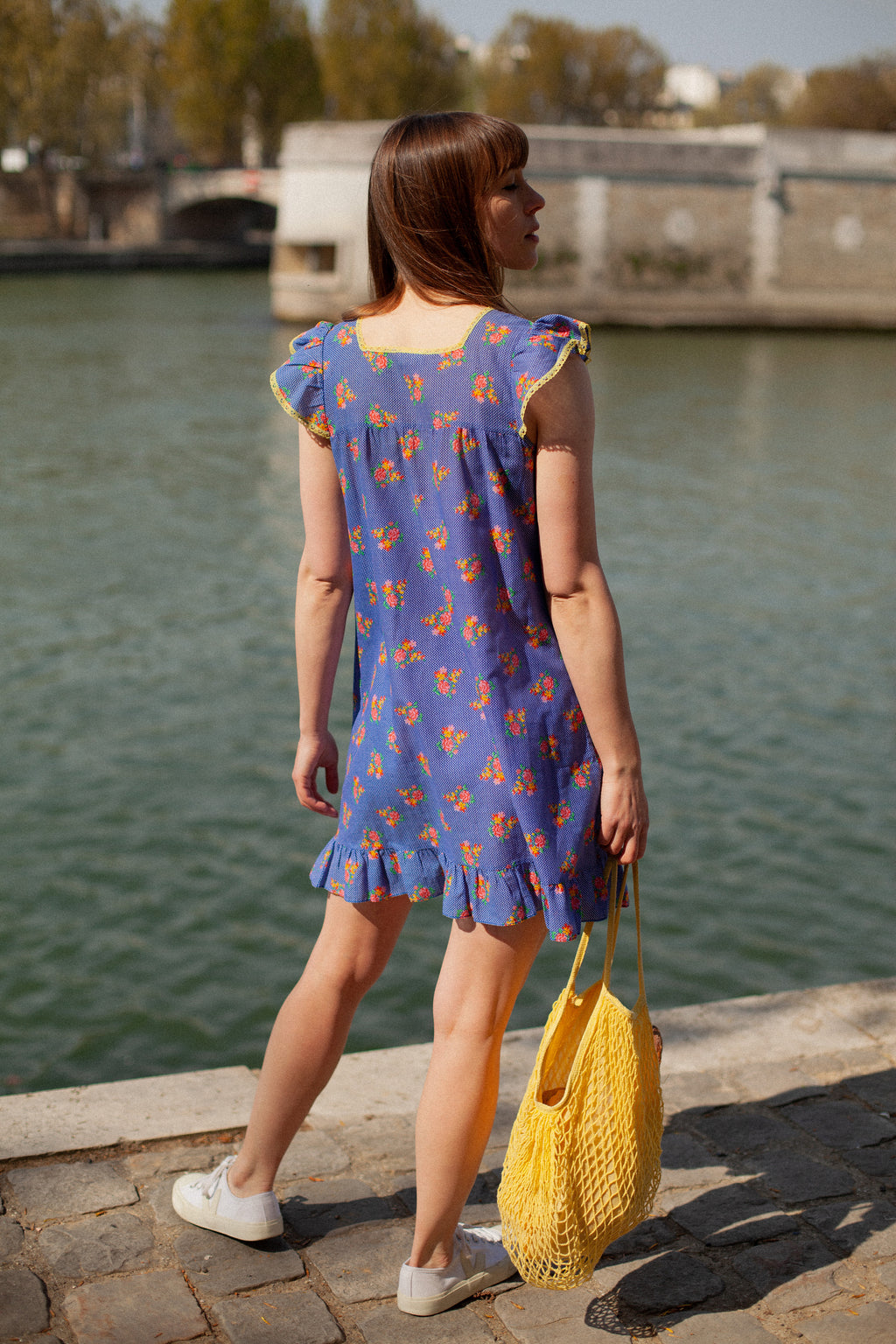 Anita is Vintage 60s Blue Floral & Polka Dot Print Ruffle Mini Dress