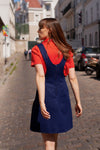 Anita is Vintage 60s Navy Blue Pleated Pinafore Mini Dress back