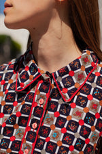 Anita is Vintage 60s Navy & Red Geometric Print Mini Dress collar