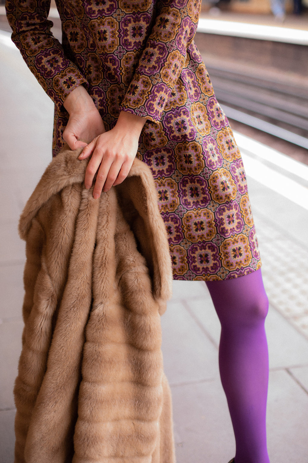 Anita is Vintage 60s Purple & Mustard Print Mini Dress