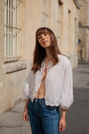 Anita is Vintage 60s White Sheer Cover-Up Blouse with Scallop Hem