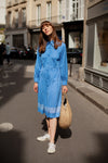 Anita is Vintage 70s Blue & White Spotty Long Sleeve Midi Dress with Dagger Collar