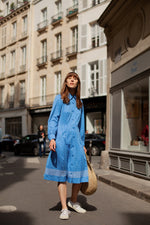 Anita is Vintage 70s Blue & White Spotty Long Sleeve Midi Dress with Dagger Collar