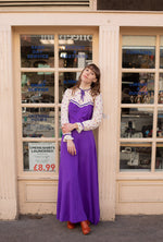 Anita is Vintage 70s Cream & Purple Prairie Maxi Dress
