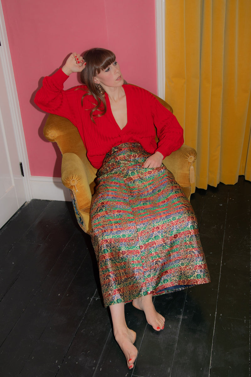 Anita is Vintage 70s Gold Paisley Maxi Skirt