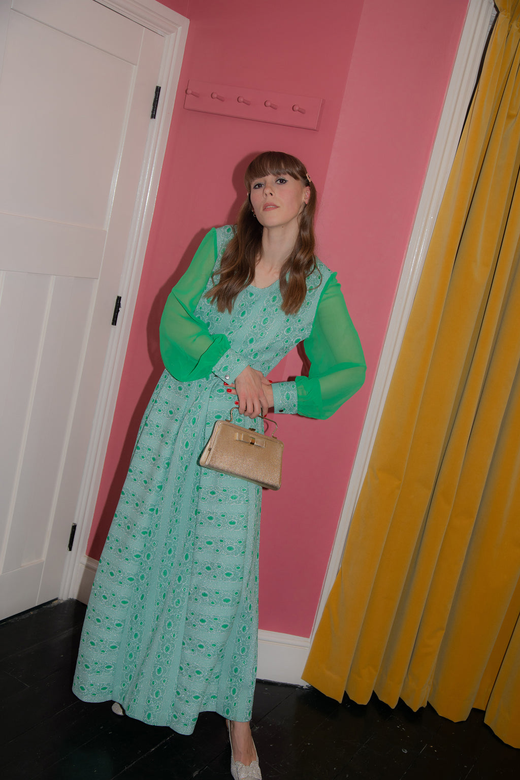 Anita is Vintage 70s Green Lurex Floral Maxi Dress