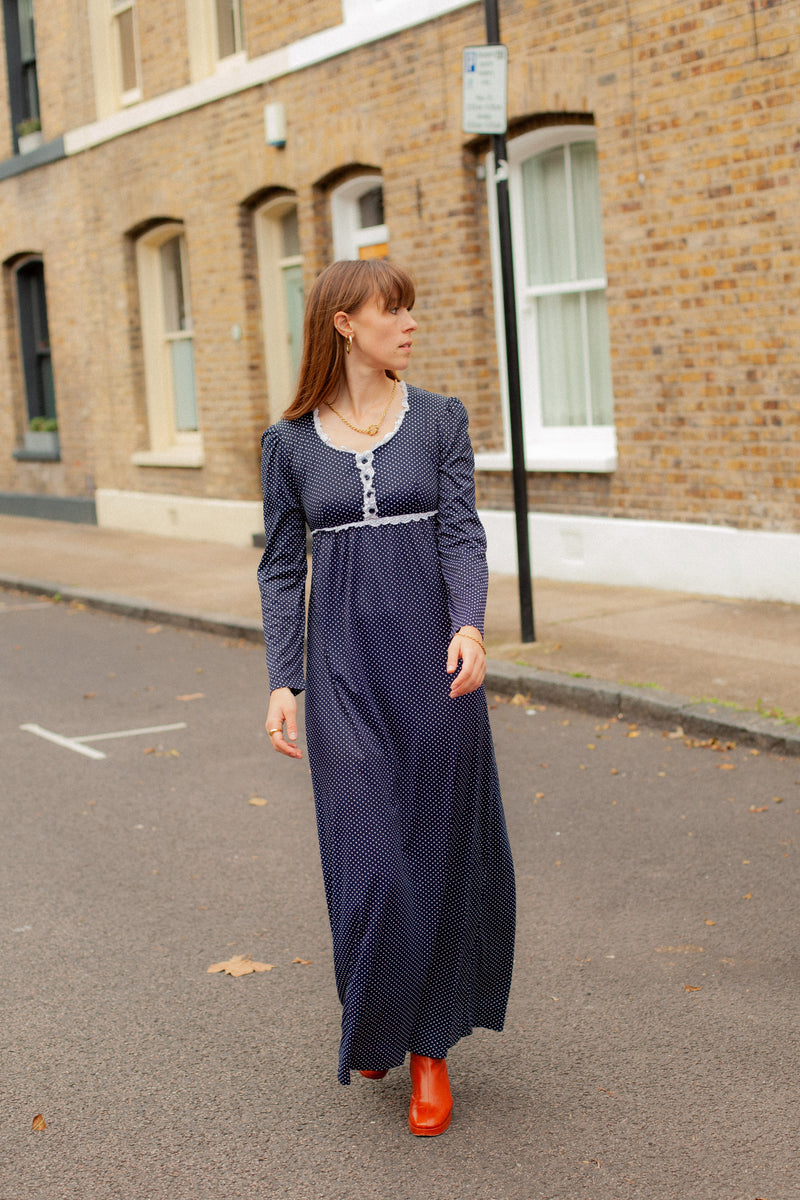 Anita is Vintage 70s Blue & White Polka Dot Long Sleeve Maxi Dress