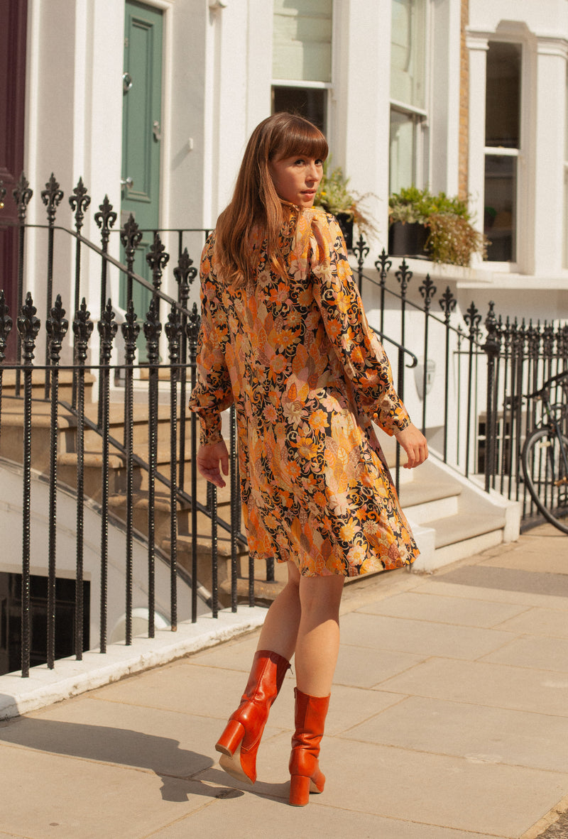 Anita is Vintage 70s Orange & Brown Floral Print Midi Dress