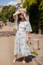 Anita is Vintage 70s White & Blue Floral Floaty Midi Dress