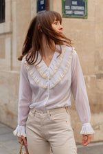 Anita is Vintage 70s White Ruche Collar Long Sleeve Blouse