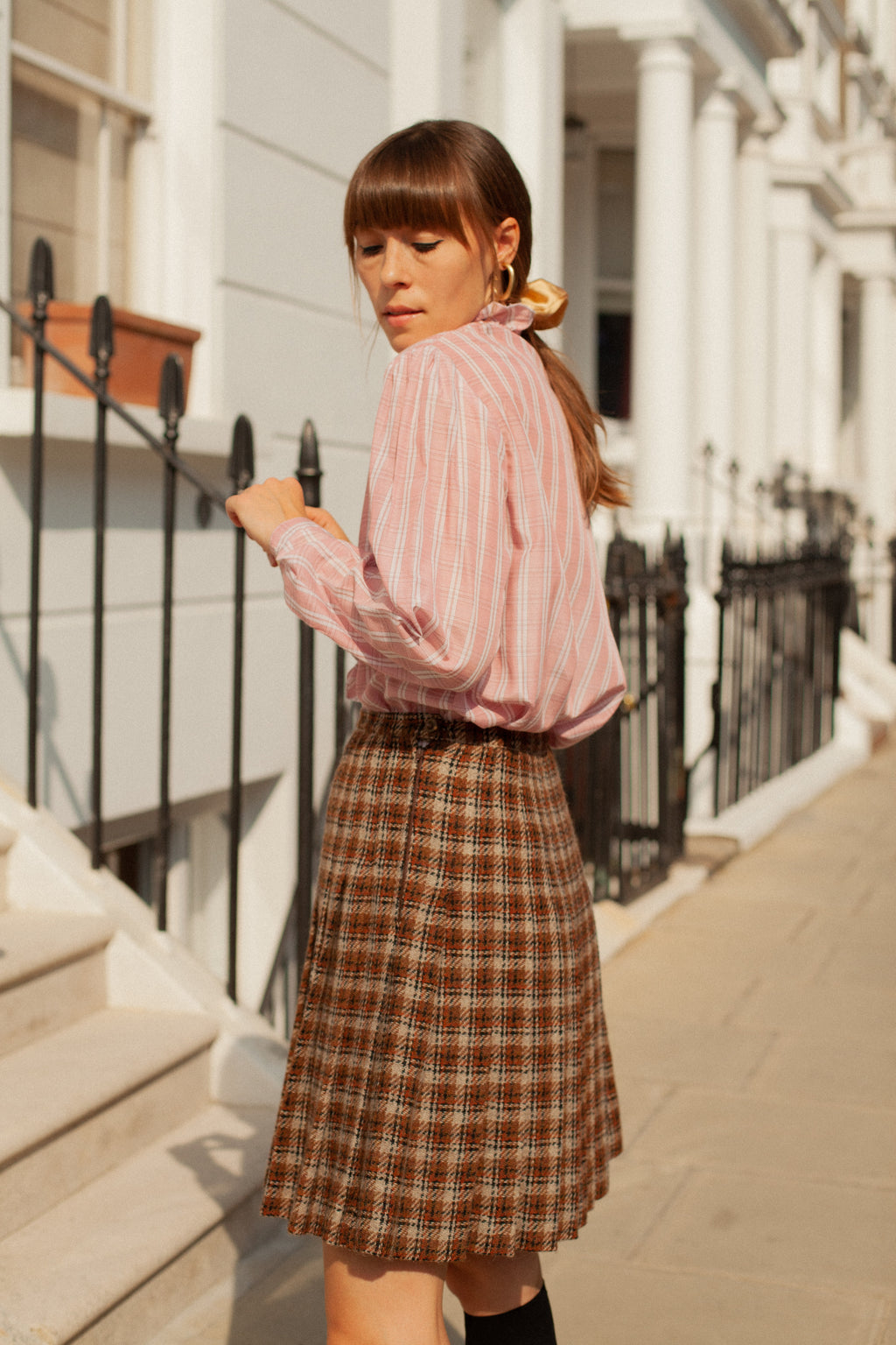 Anita is Vintage 80s Brown Check Pleated Midi Skirt