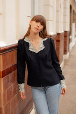 90s BLACK BLOUSE WITH CREAM LACE
