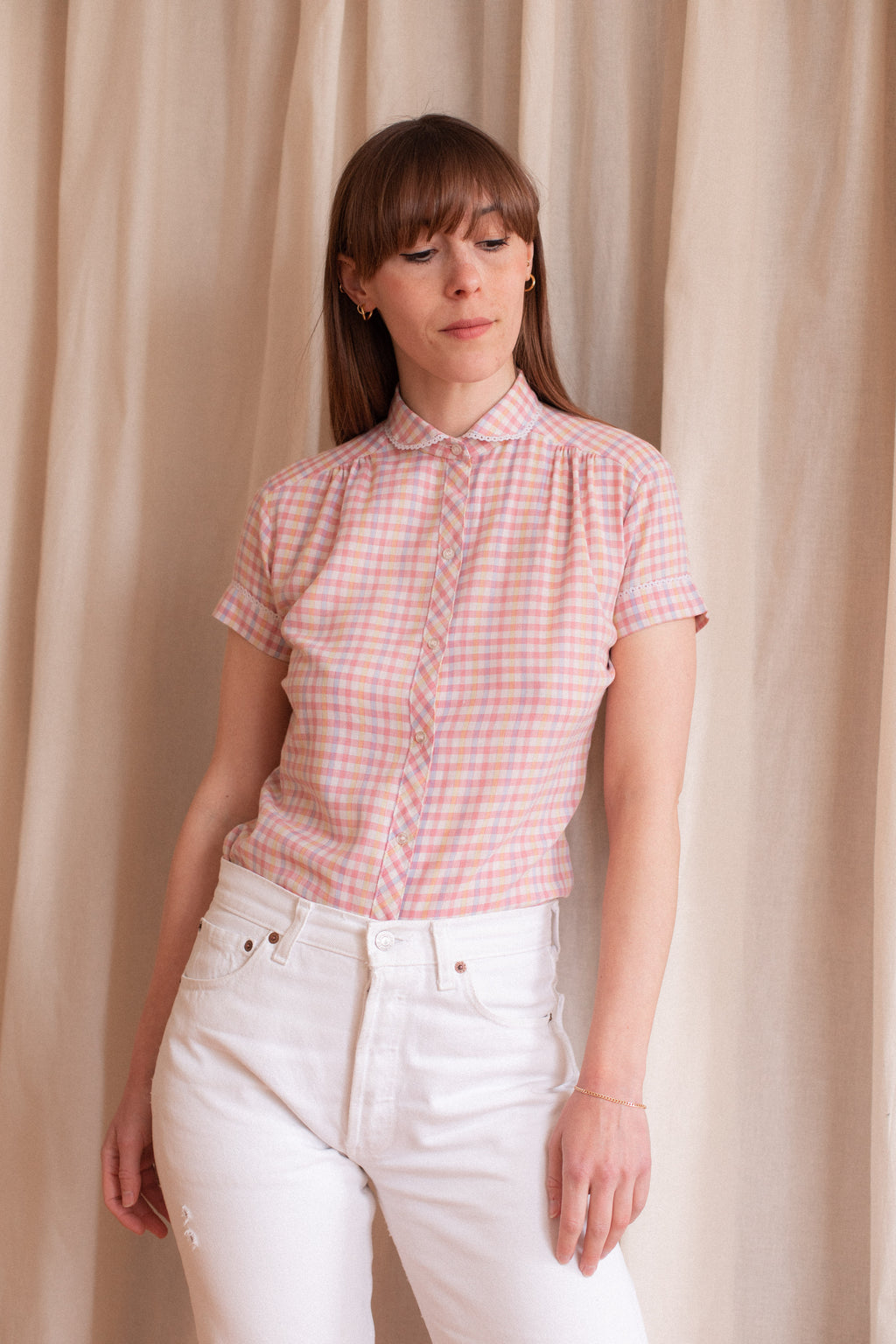 Anita is Vintage 60s 70s Pink & Yellow Check Blouse