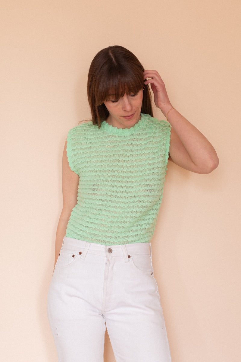 Anita is Vintage 60s Green Ruffle Knitted Vest Top