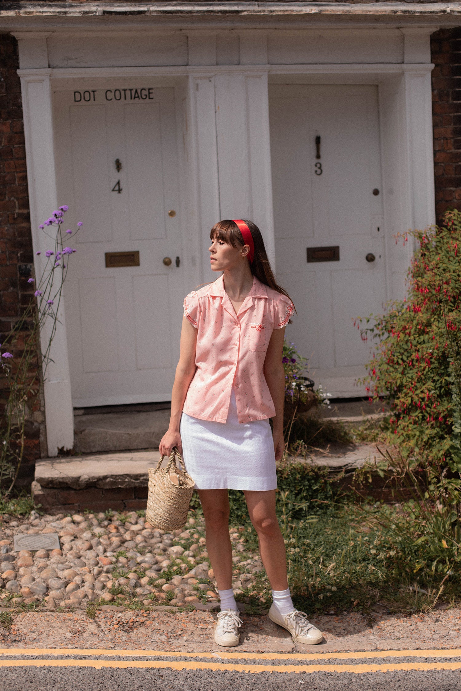 White skirt top outfit 60s