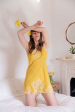 Anita is Vintage 60s Yellow Slip Dress with Lace