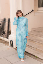 Anita is Vintage 70s Blue Floral Long Sleeve Maxi Dress