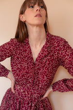 Anita is Vintage 70s Cacharel Burgundy Floral Silk Midi Dress