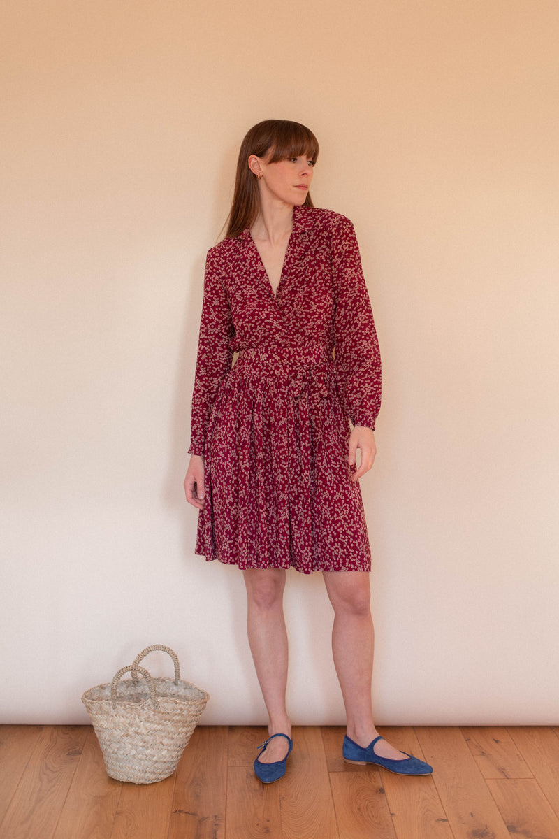 Anita is Vintage 70s Cacharel Burgundy Floral Silk Midi Dress