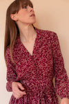 Anita is Vintage 70s Cacharel Burgundy Floral Silk Midi Dress