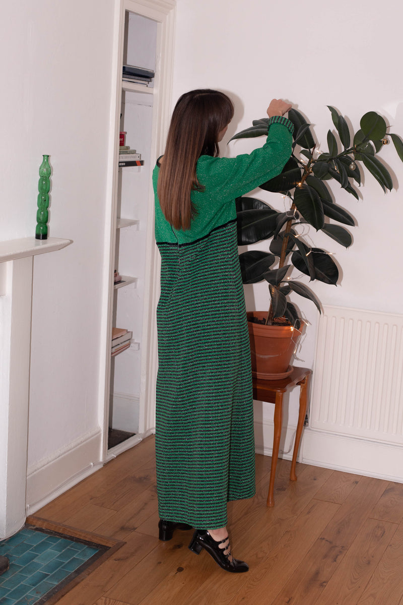 Anita is Vintage 70s Green & Black Stripe Lurex Maxi Dress