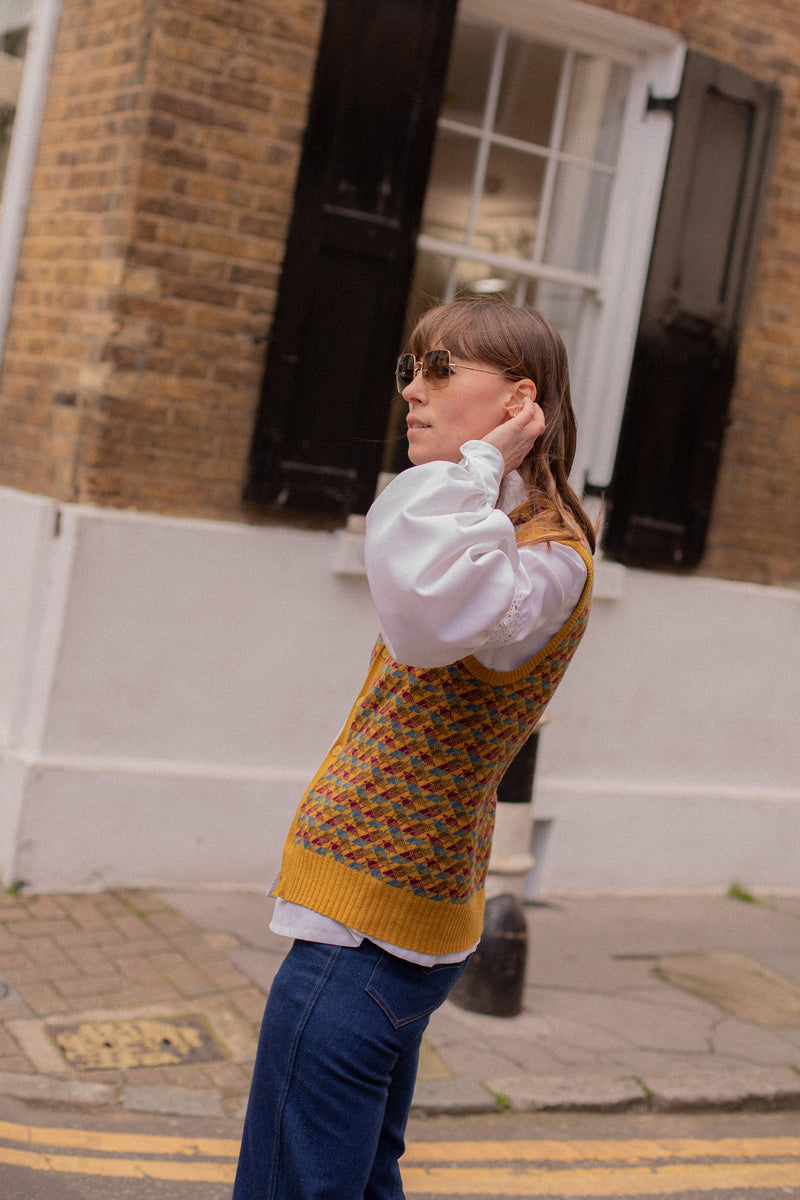 Anita is Vintage 70s Mustard Patterned Knitted Vest