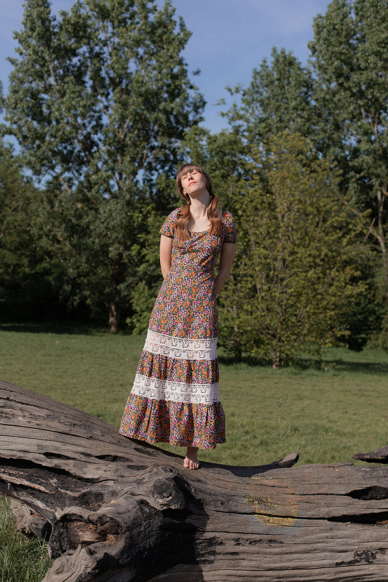 Anita is Vintage 70s Navy Floral Maxi Dress