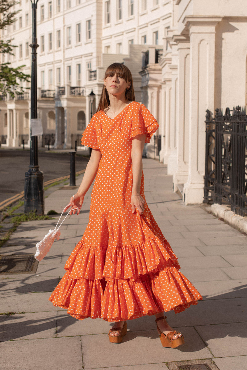 Anita is Vintage 70s Orange & White Polka Dot Maxi Dress