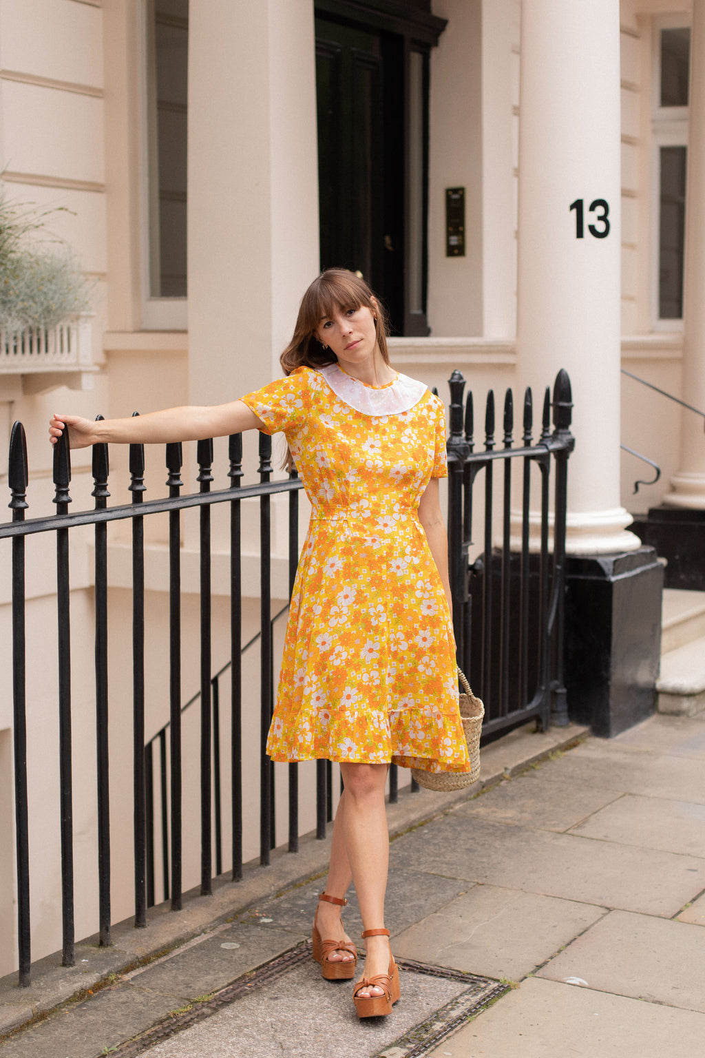 Anita is Vintage 70s Yellow & Orange Floral Midi Dress