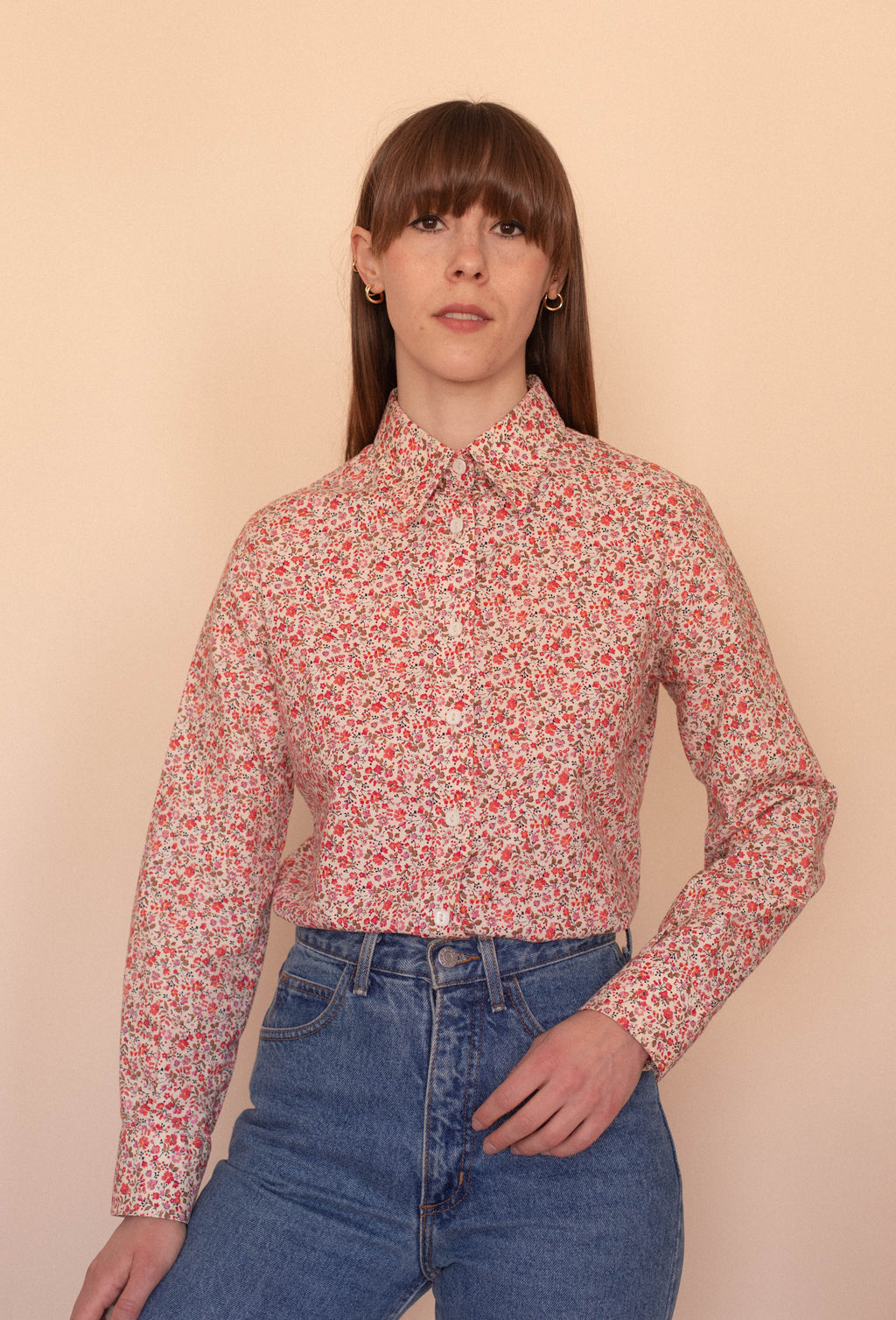 Anita is Vintage 70s Pink and Cream Floral Shirt