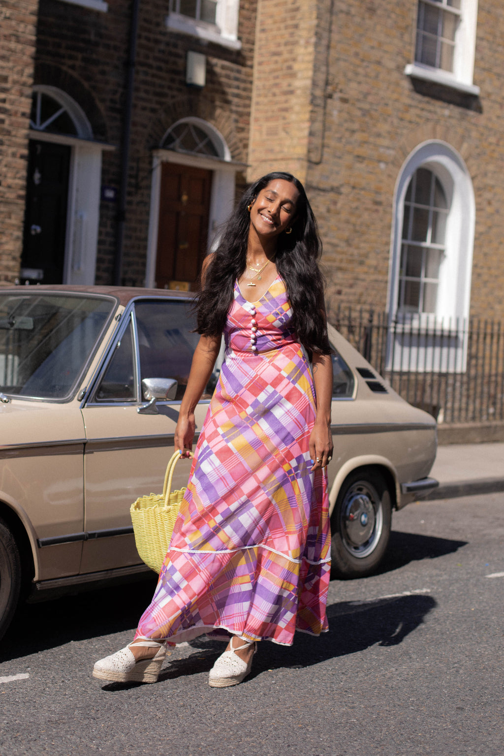 Anita is Vintage 70s Red Pink Yellow Purple Check Maxi Dress