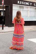 Anita is Vintage 70s Red Blue & Green Floral Maxi Dress