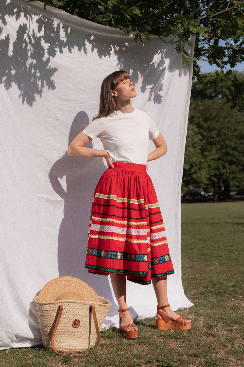 Anita is Vintage 70s Red Embroidered Prairie Skirt