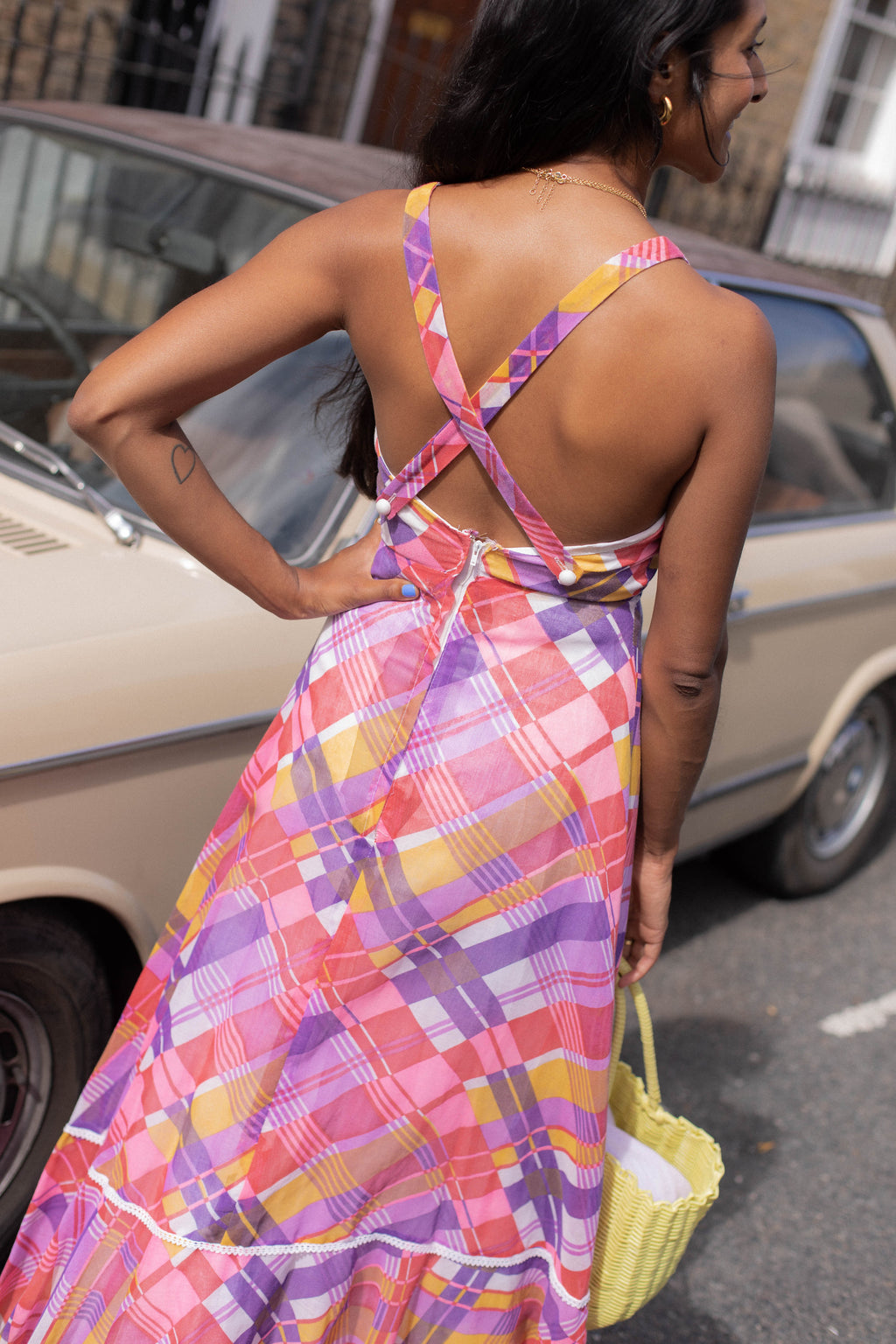 Anita is Vintage 70s Red Pink Yellow Purple Check Maxi Dress
