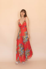 Anita is Vintage 70s Red & Blue Floral Strappy Maxi Dress