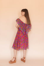 Anita is Vintage 70s Red & Purple Floral Bardot Midi Dress