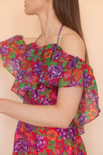 Anita is Vintage 70s Red & Purple Floral Bardot Midi Dress