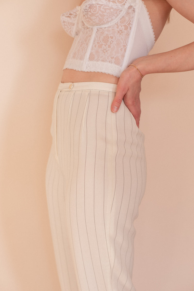 Anita is Vintage 80s Cream Pinstripe High Waisted Trousers