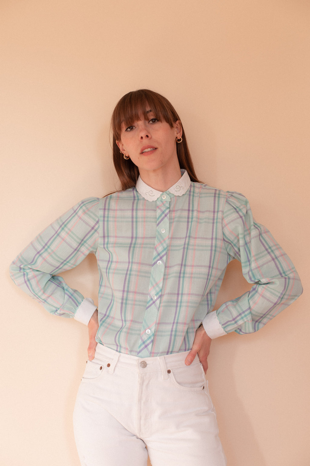 Anita is Vintage 80s Turquoise & Pink Check Blouse