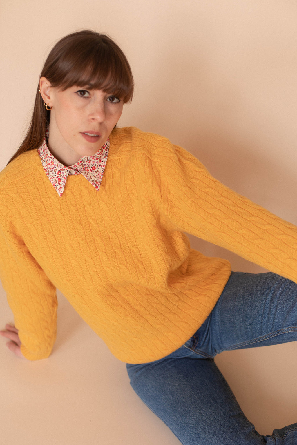 Anita is Vintage 80s Mustard Yellow Cable Knit Jumper