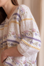 Anita is Vintage 90s St Michael White & Lilac Floral Short Sleeve Cardigan